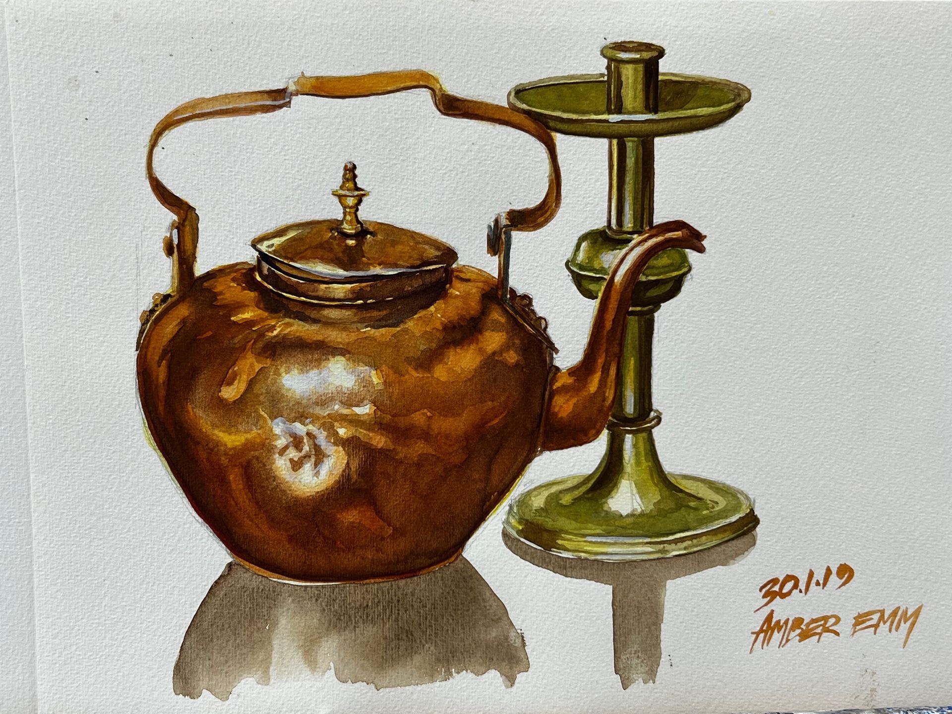 A drawing of a tea kettle and a candle holder dated august 1974