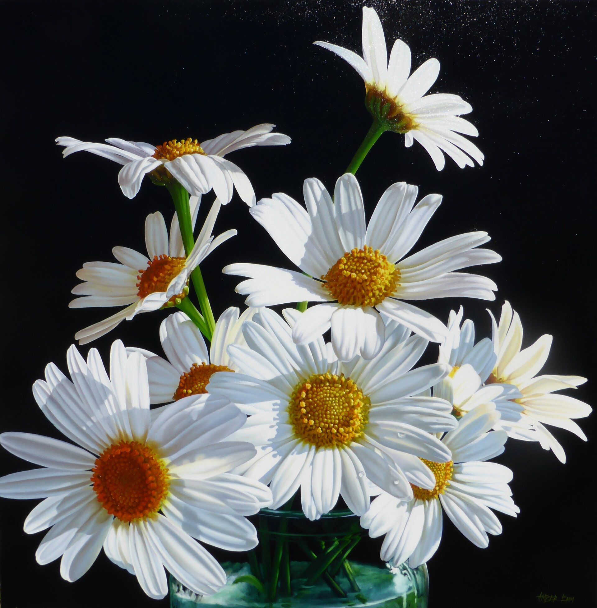 A bunch of daisies in a glass vase on a black background