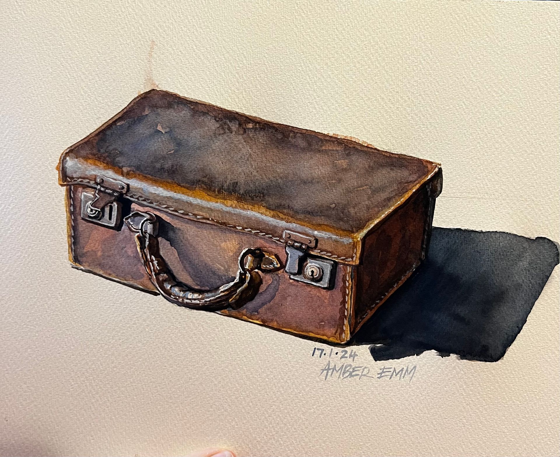 A painting of a brown leather suitcase with a black handle