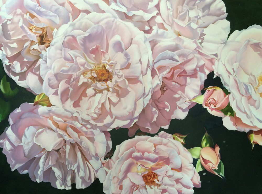 A painting of pink roses on a black background