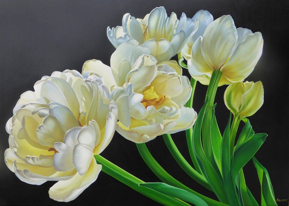 A painting of white and yellow flowers on a black background
