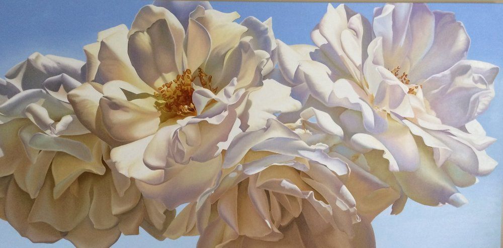 A painting of three white roses against a blue sky