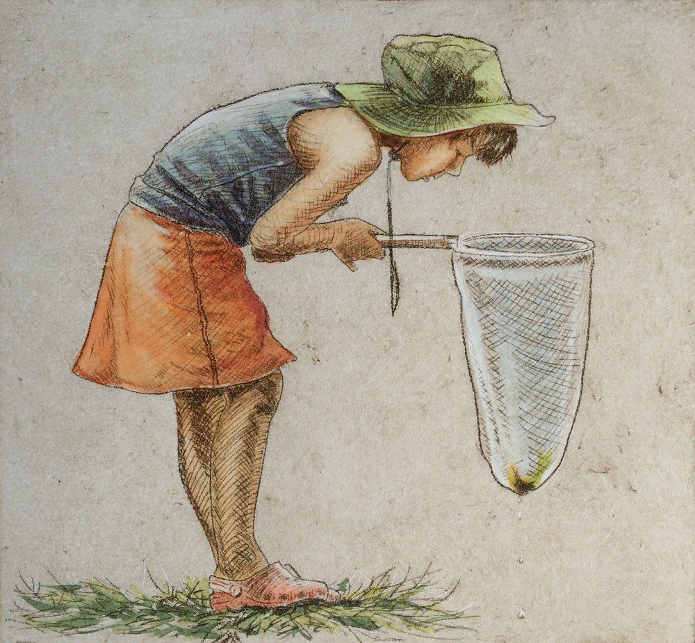 A drawing of a girl looking through a net