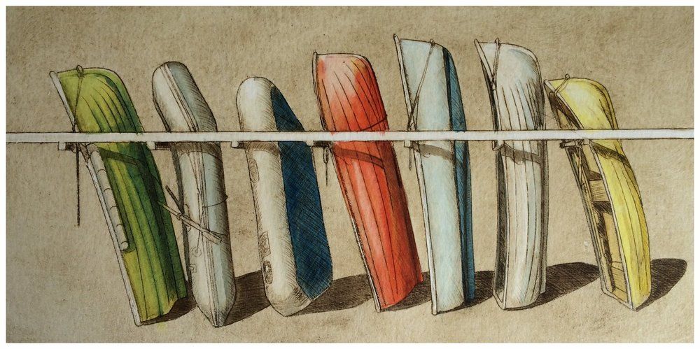 A painting of a bunch of surfboards hanging on a rope