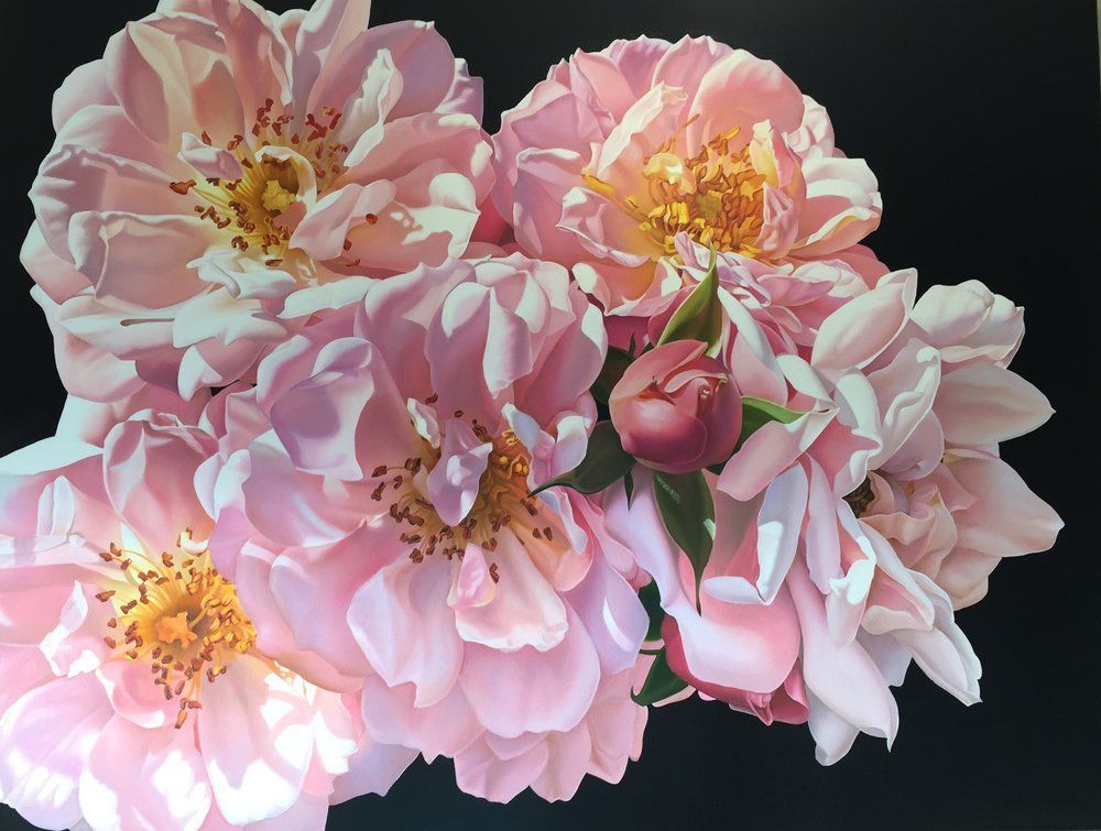 A bunch of pink flowers on a black background