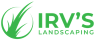 The logo for irv 's landscaping has a green leaf on it.