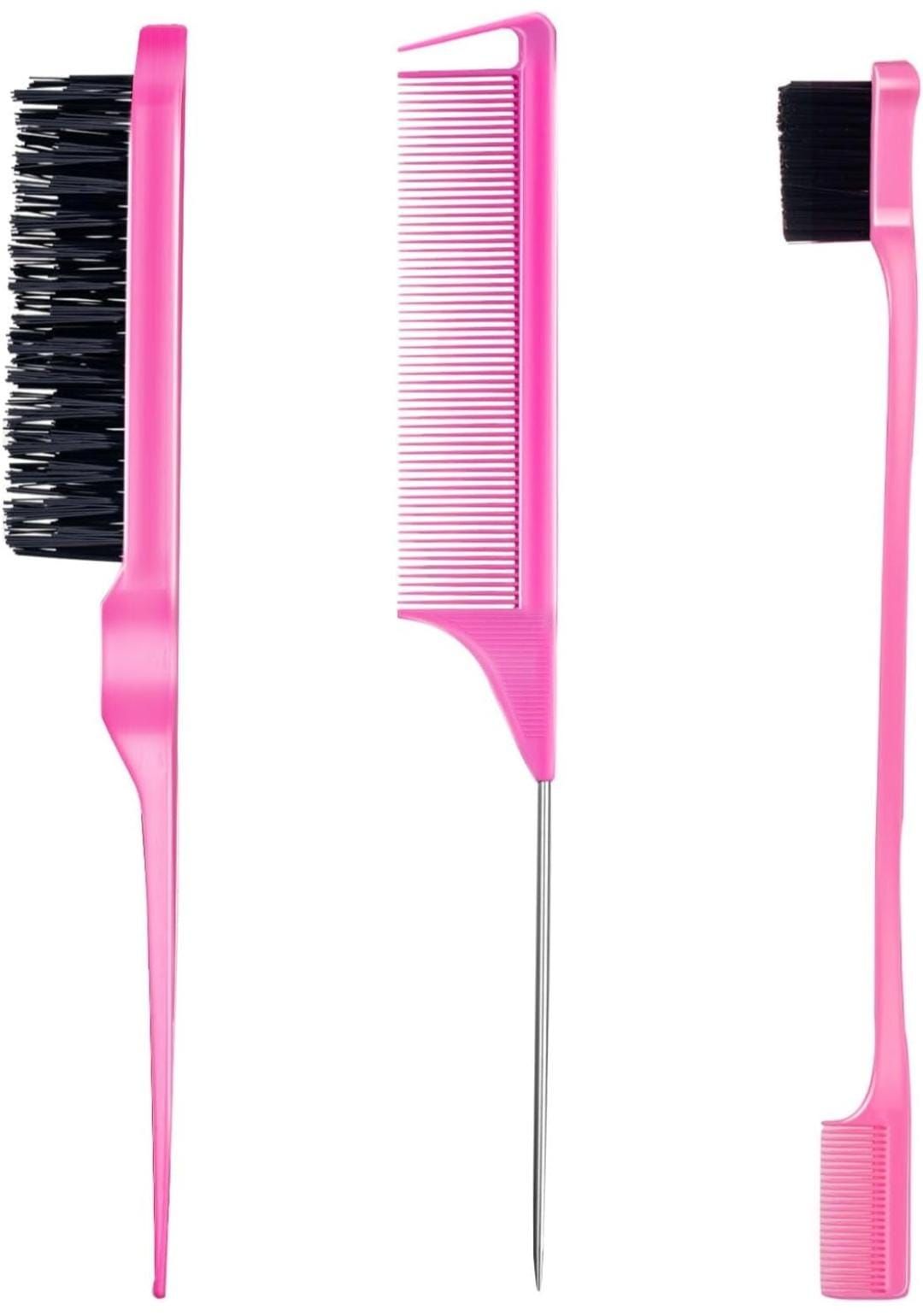 RF368 - 3Pcs Slick Pink Hairbrush Set Bristle Hairbrush Edge Control Brush Teasing Comb