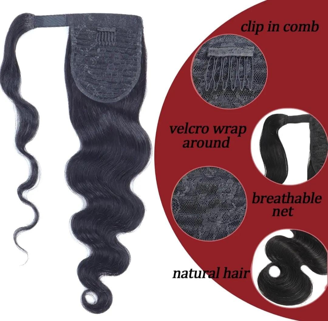 RF368 - 18 Body Wave Ponytail Natural Black Human Hair Extension.