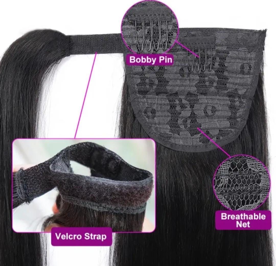 RF368 - 18 Straight Ponytail Natural Black Human Hair Extension.