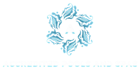 Light blue floral design in a star shape, with text below.