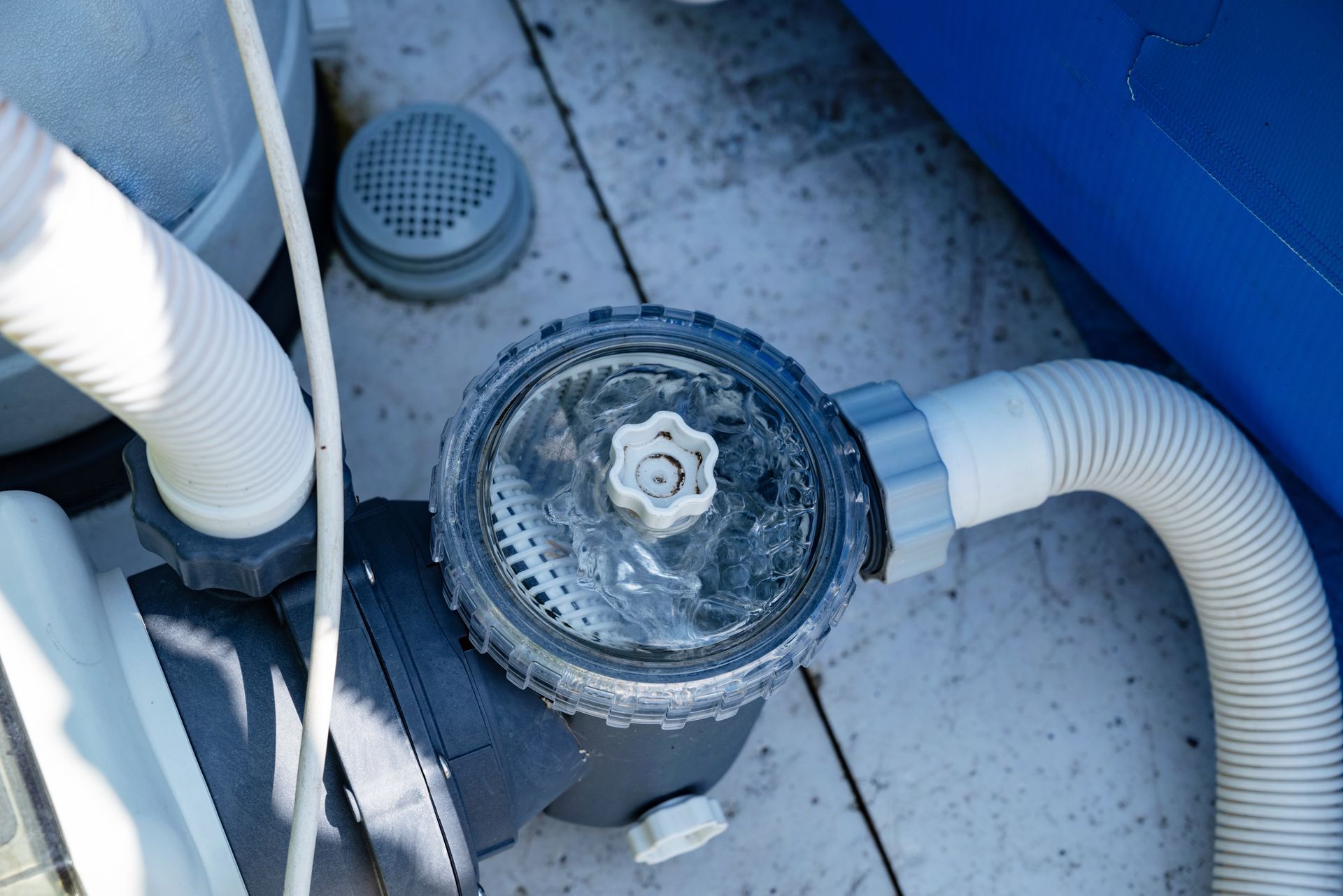 Close-up of a pool pump with a clear strainer lid and connected hoses, on a surface.