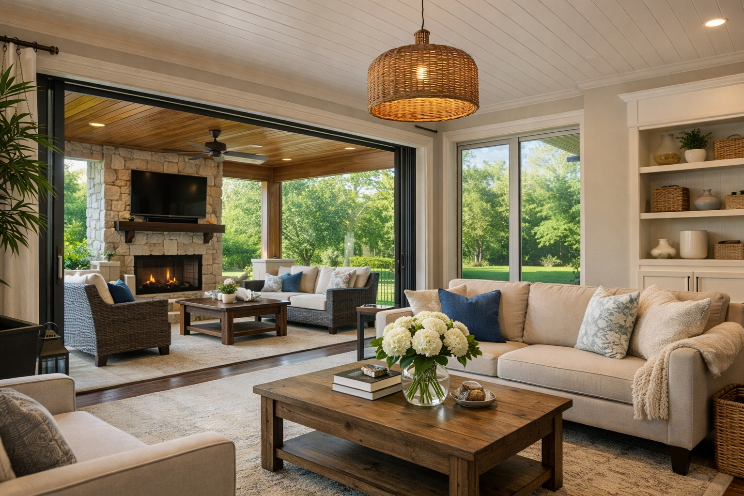 A bright, open-plan living room with beige sofas, a wood coffee table, and large sliding doors leading to a stone patio
