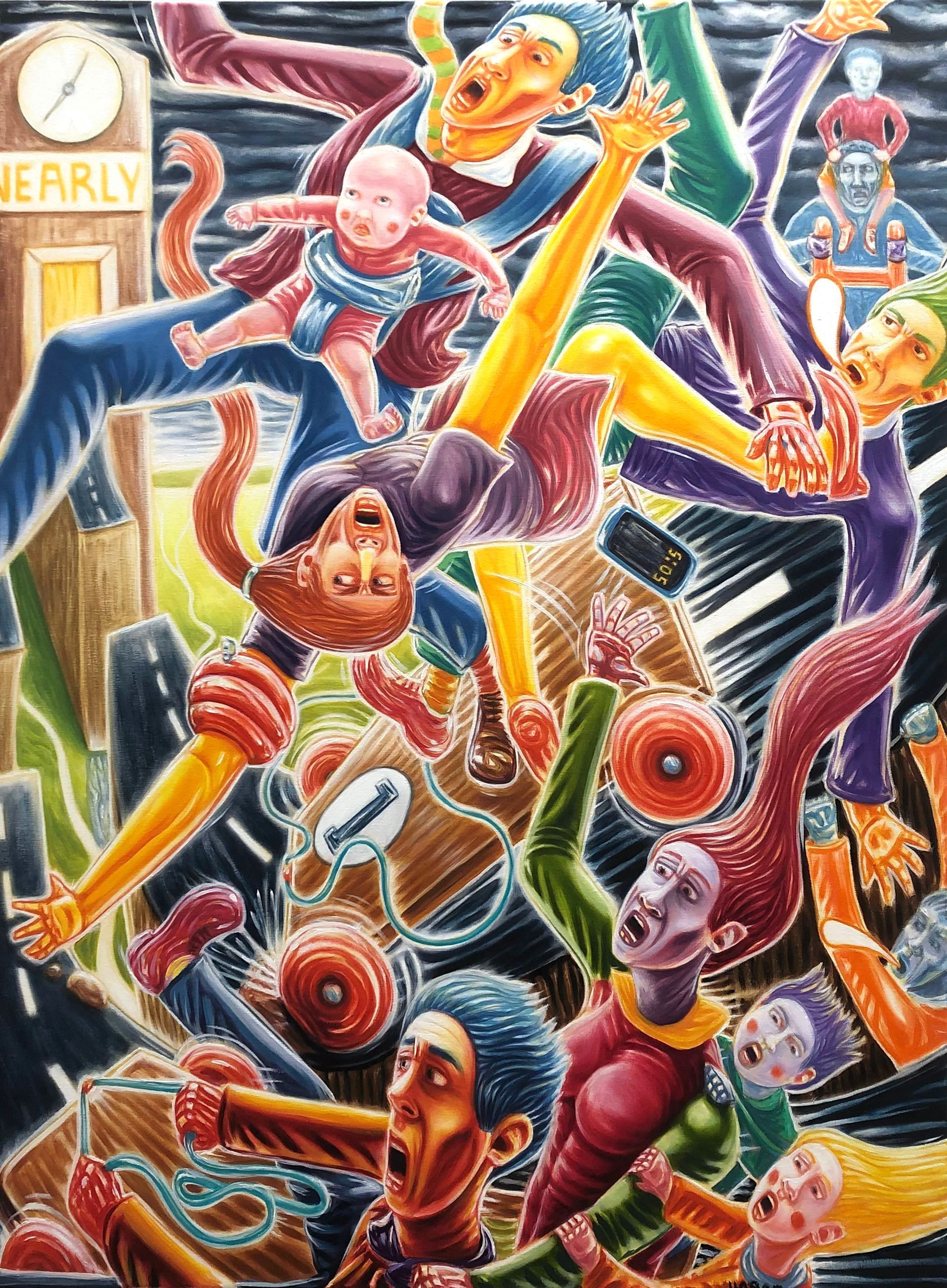 Chaos of figures falling, faces contorted. City backdrop, clocks, wheels, and vibrant colors.