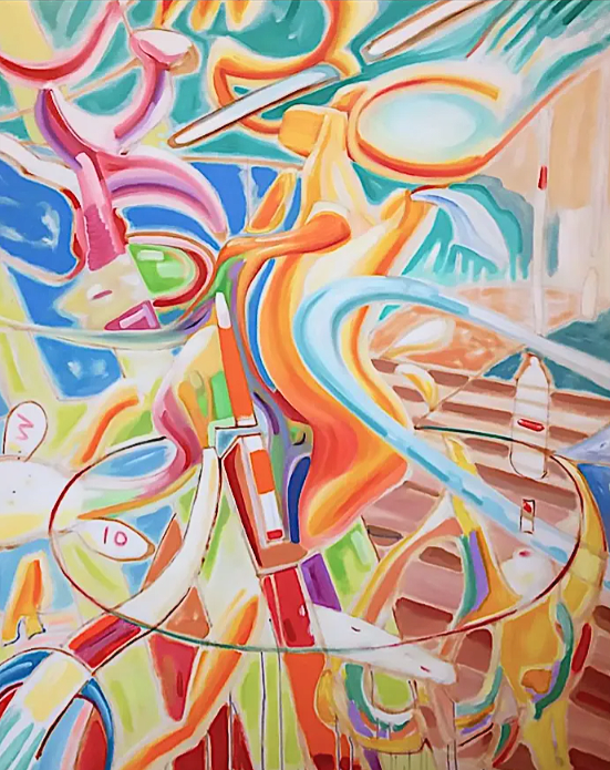 Abstract, colorful painting. Swirling shapes, including spoons, and lines dominate. A circular form is at the center. John hogan satire