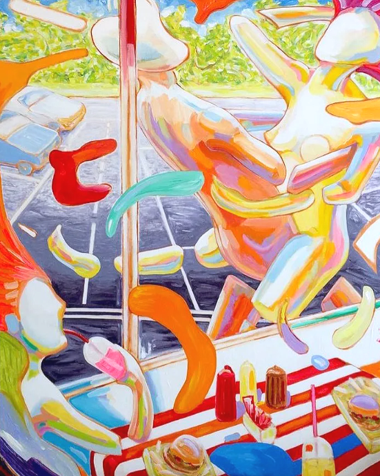 Abstract painting of figures and fast food items, bright colors, outdoor setting. john hogan satire