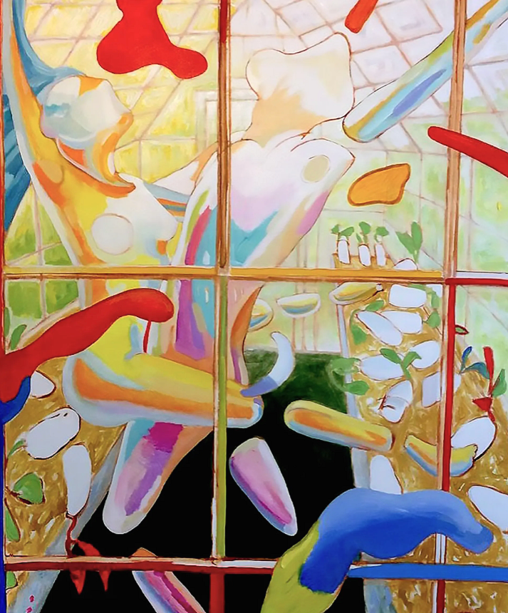 Abstract painting of shapes and colors framed by a window grid, with garden view.john hogan satire