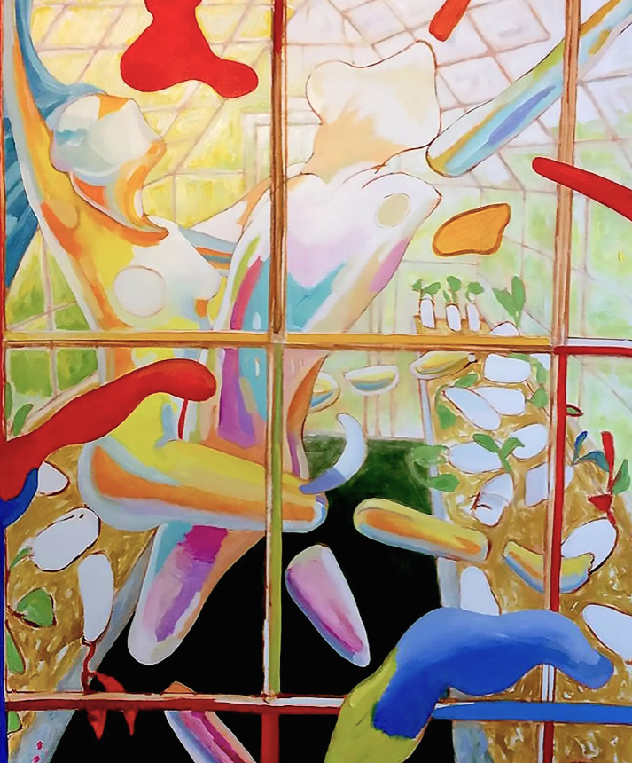 Abstract painting of shapes and colors framed by a window grid, with garden view.john hogan satire