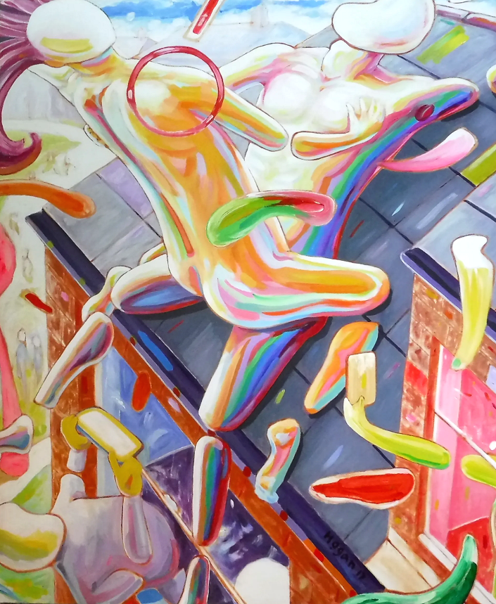 Abstract painting of two figures in motion, vibrant colors, on a rooftop with geometric shapes. john hogan satire