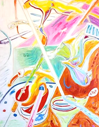 Abstract, colorful painting with geometric shapes. Yellow, pink, blue, and green hues dominate. john hogan satire