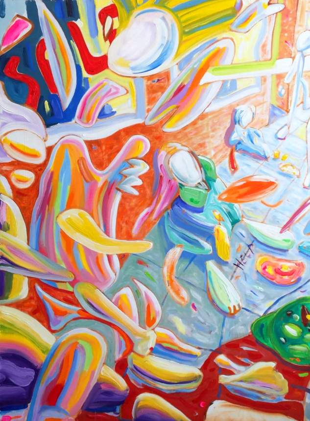 Abstract painting with colorful, flowing shapes, possibly figures, and a red and blue background. john hogan satire