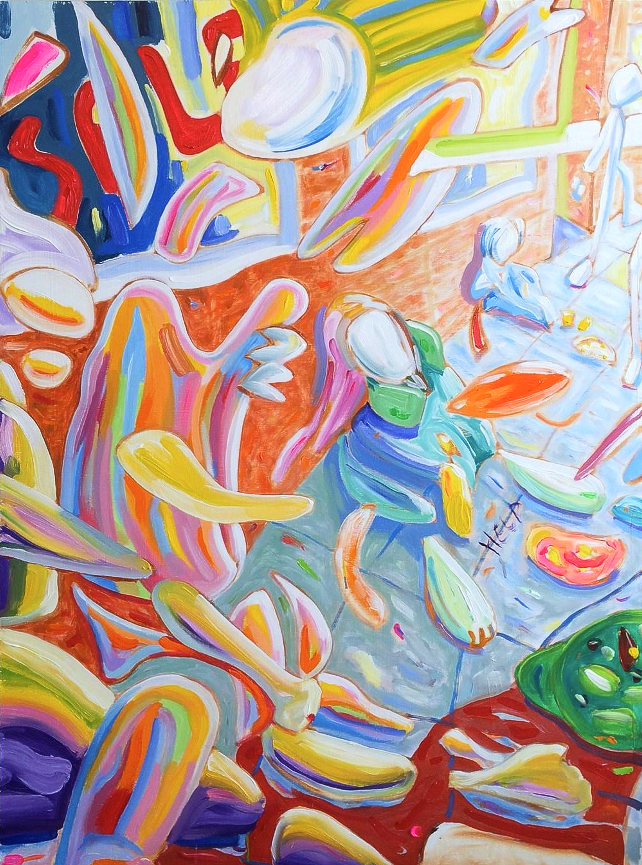 Abstract painting with colorful, flowing shapes, possibly figures, and a red and blue background. john hogan satire