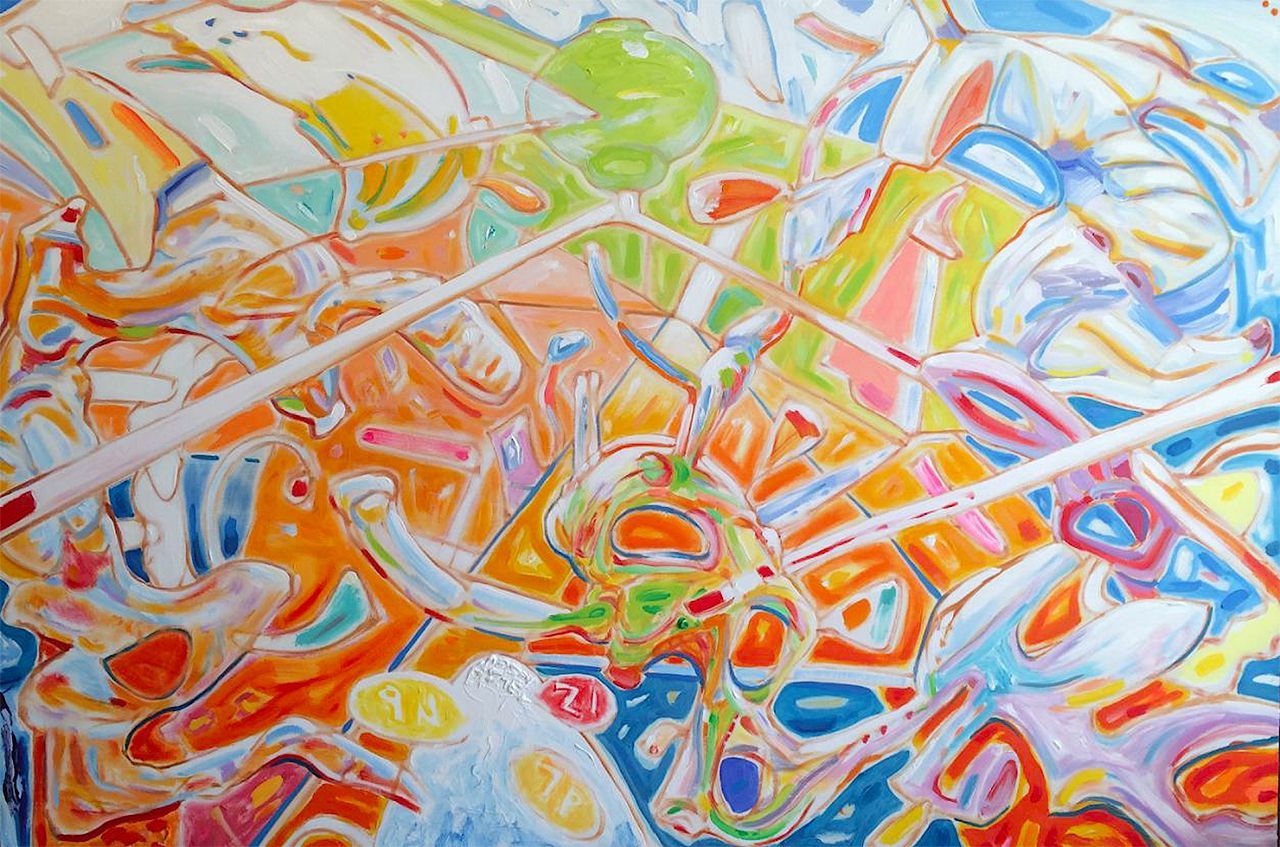 Abstract artwork: Colorful geometric shapes with intersecting lines, predominantly orange, blue, and green.