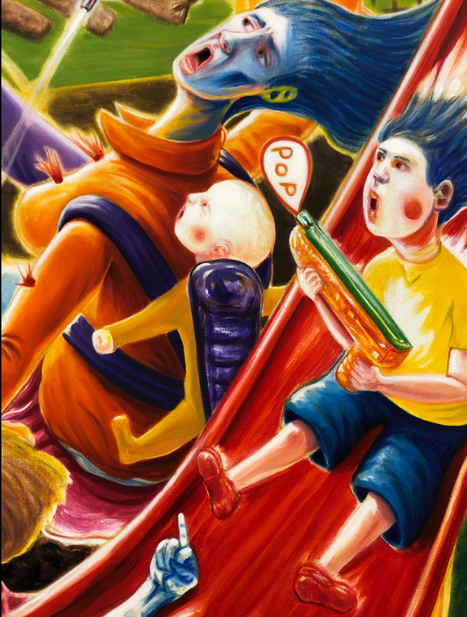 A surreal scene: boy with water gun, another child, and blue-skinned figure on a red slide; all with shocked expressions.