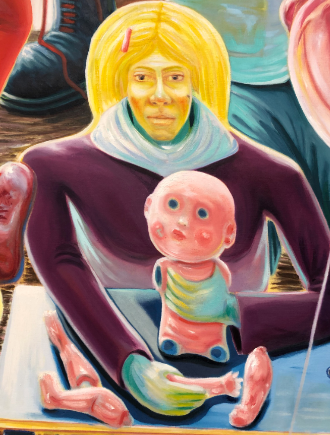 Woman with yellow hair, holding a doll with detached limbs. Purple jacket, blue and pink tones.