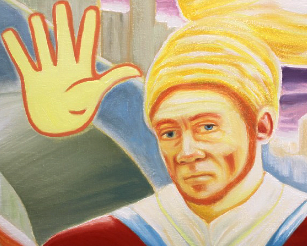Man with blond hair and yellow hand symbol; reaching out.