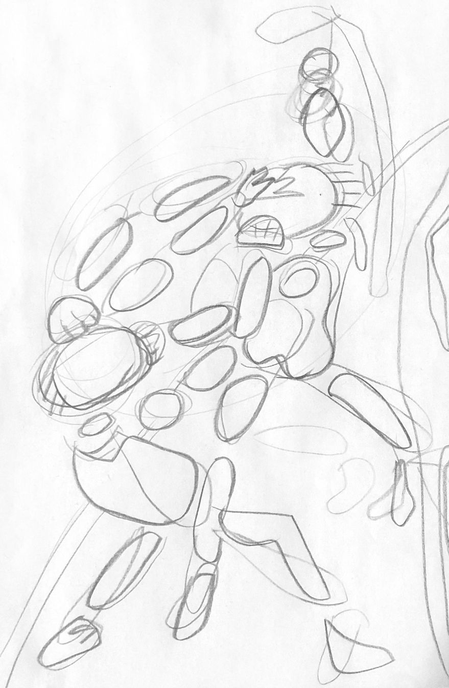 Sketch of a figure in motion, built from ovals and lines. Likely a character in mid-action.