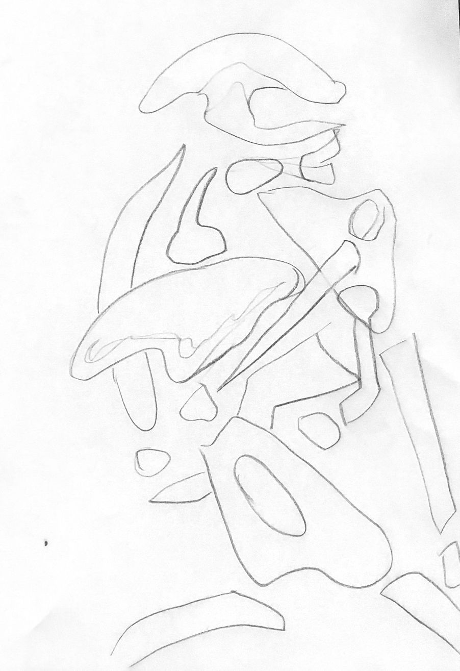 Outline drawing of a robotic figure holding an object, with curved shapes and a helmet.