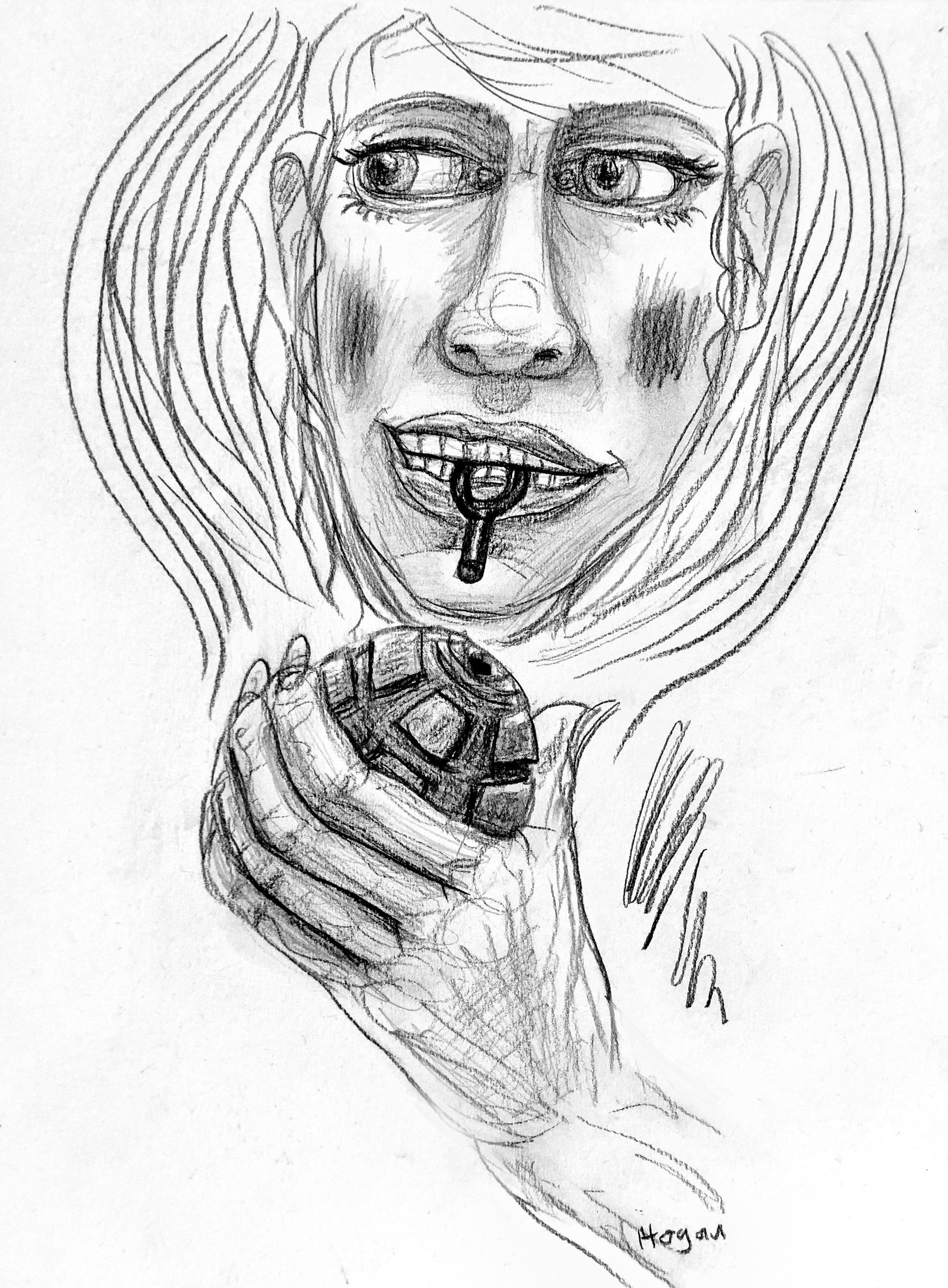 A woman holds a small, dark object as a black liquid drips from her mouth.