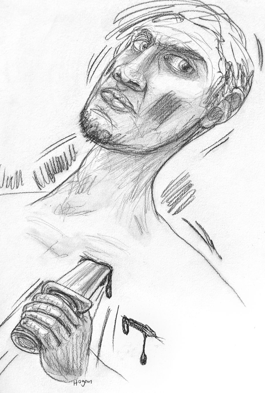 Man with a head wound and a hand holding a knife in his chest, blood dripping.