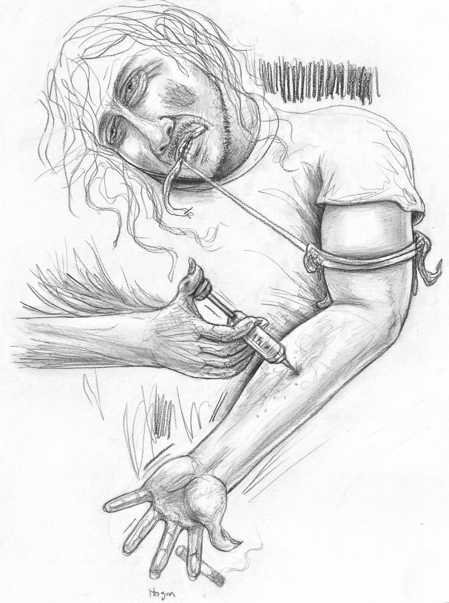 Person injecting drugs into their arm; wearing a tourniquet, slumped posture, pained expression.