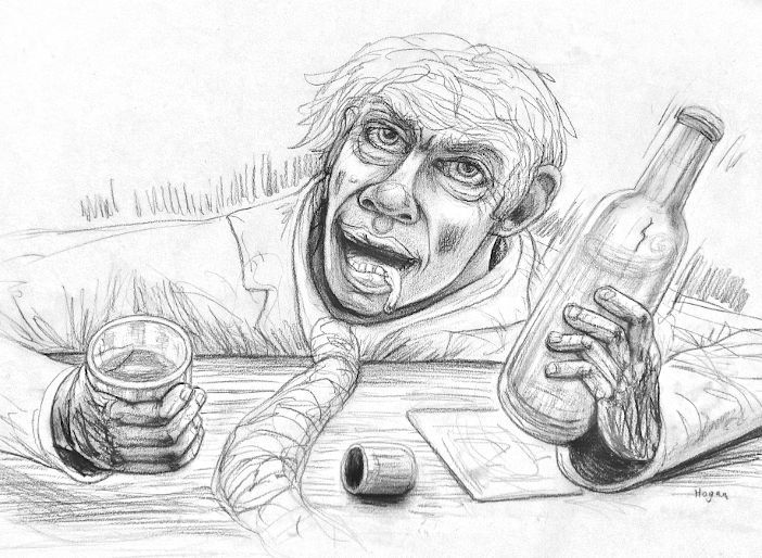 A disheveled man with a bottle, glass, and ruined tie, leaning on a table, possibly drunk.