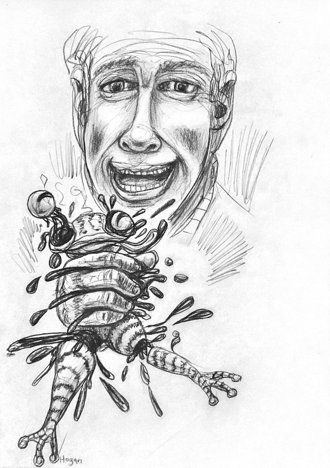 Man smiles after squashing a frog in front of him.