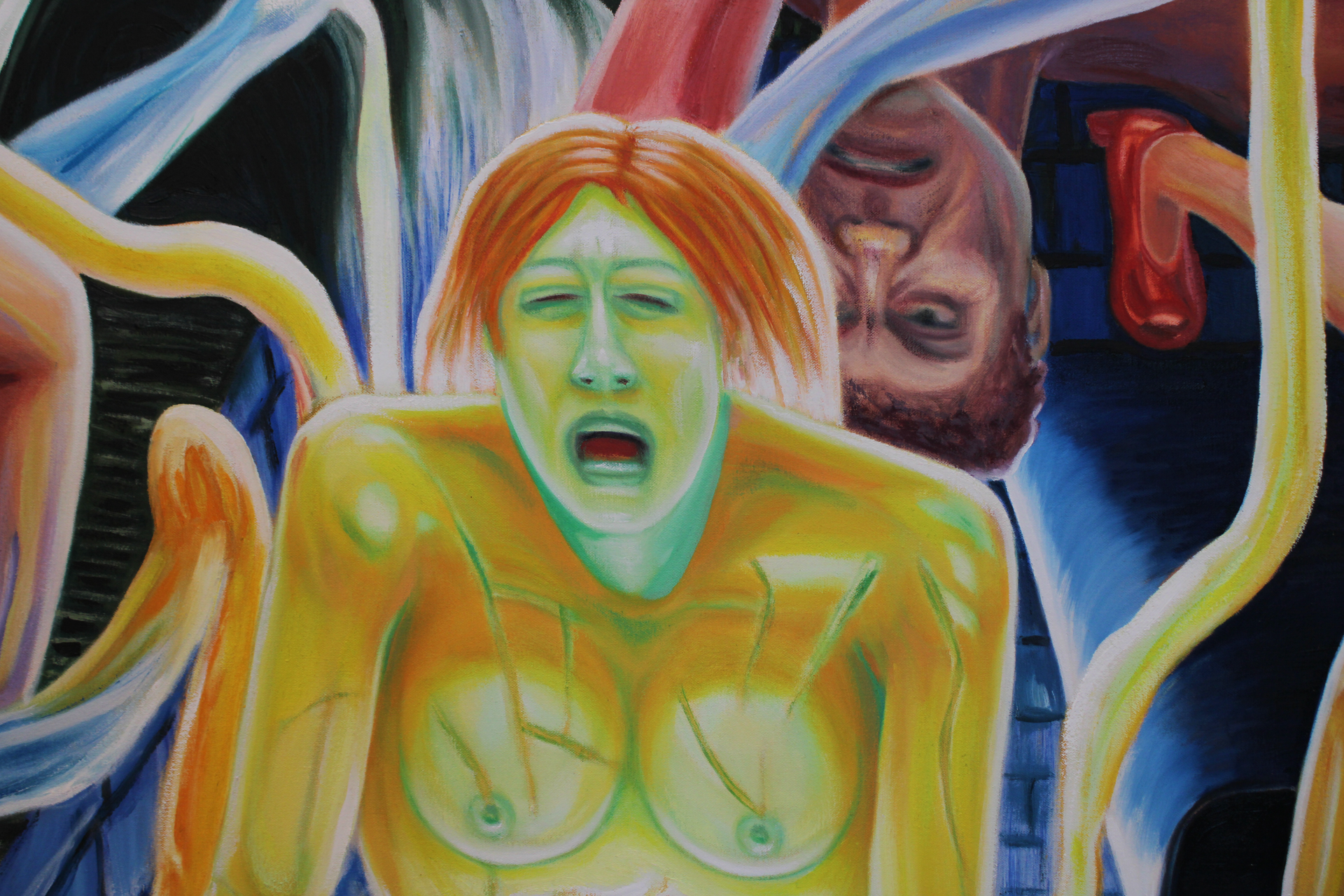 Woman with red hair and distressed expression, surrounded by colorful, abstracted figures.