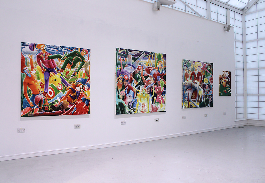 Gallery space with five colorful abstract paintings on white walls. Bright colors, diverse figures.