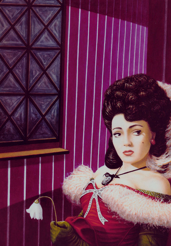 Woman in red dress with fur, holding flower, by a window. Purple striped wall.