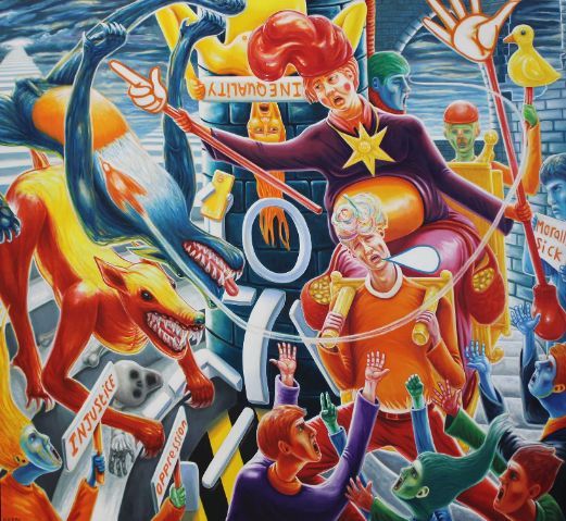 Colorful surreal scene: Figures protest around a central tower with signs. People with exaggerated features and animal-like forms.