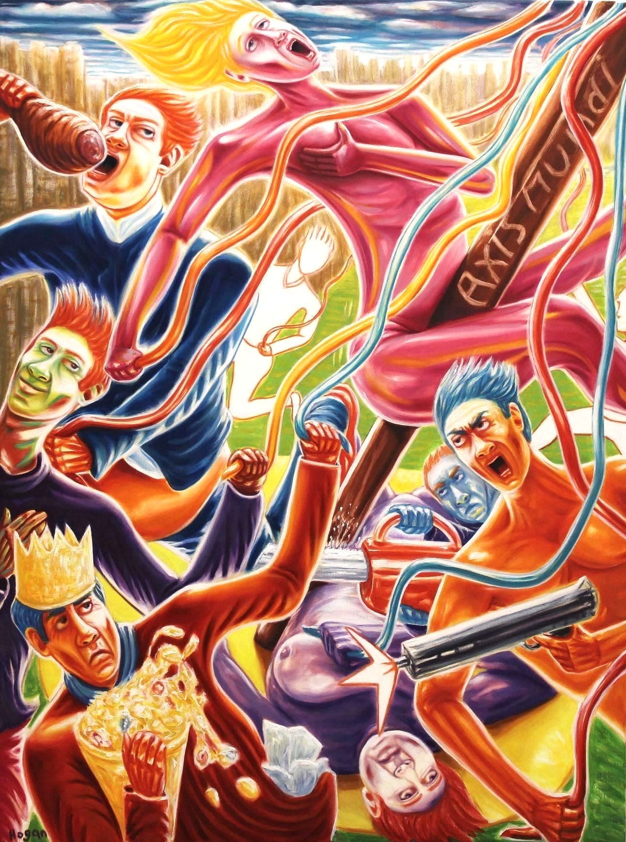 Chaotic scene of figures in distress, some with weapons, colorful, intense expressions; a sign reads 