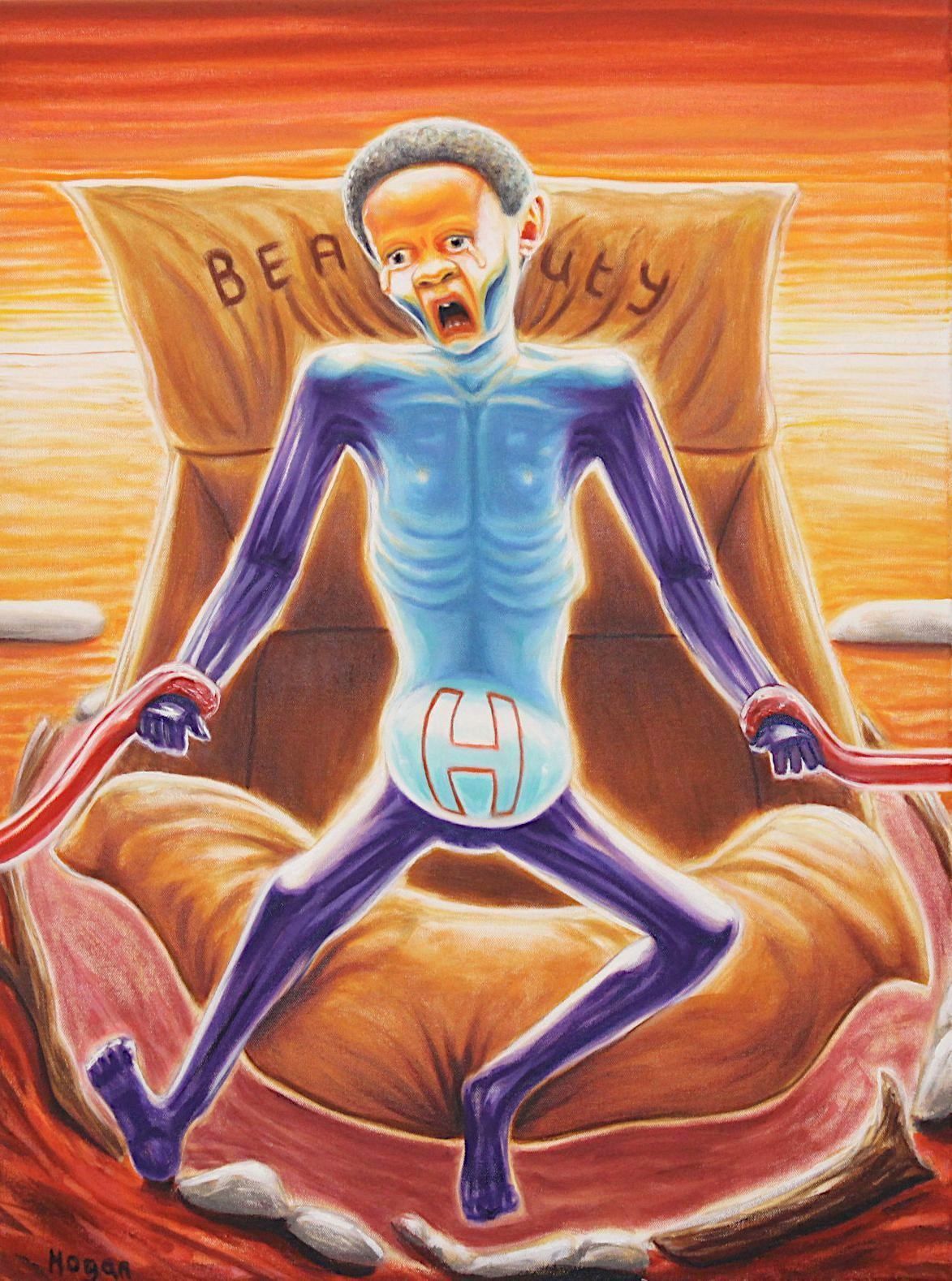 A skeletal figure with blue skin and the letter 