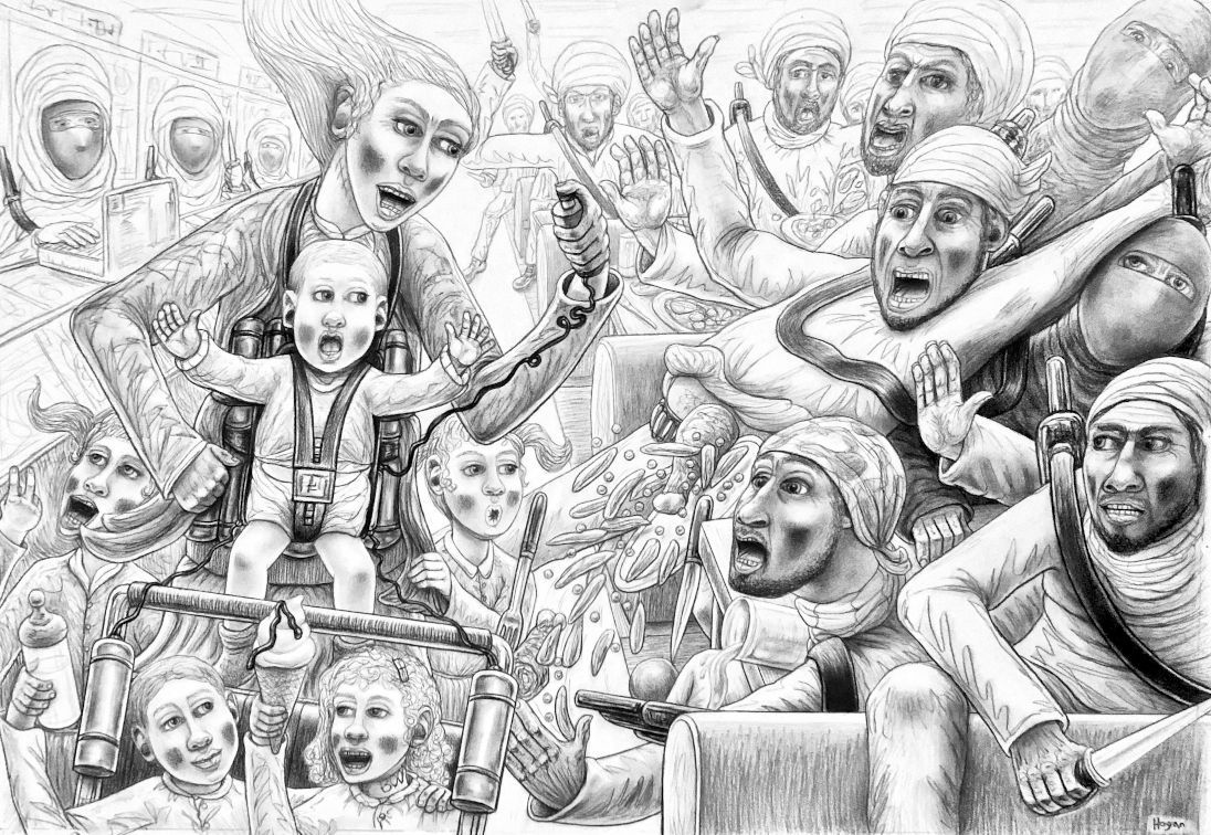 A chaotic pencil drawing of terrified figures, including a baby with a bomb, amid a frantic scene.