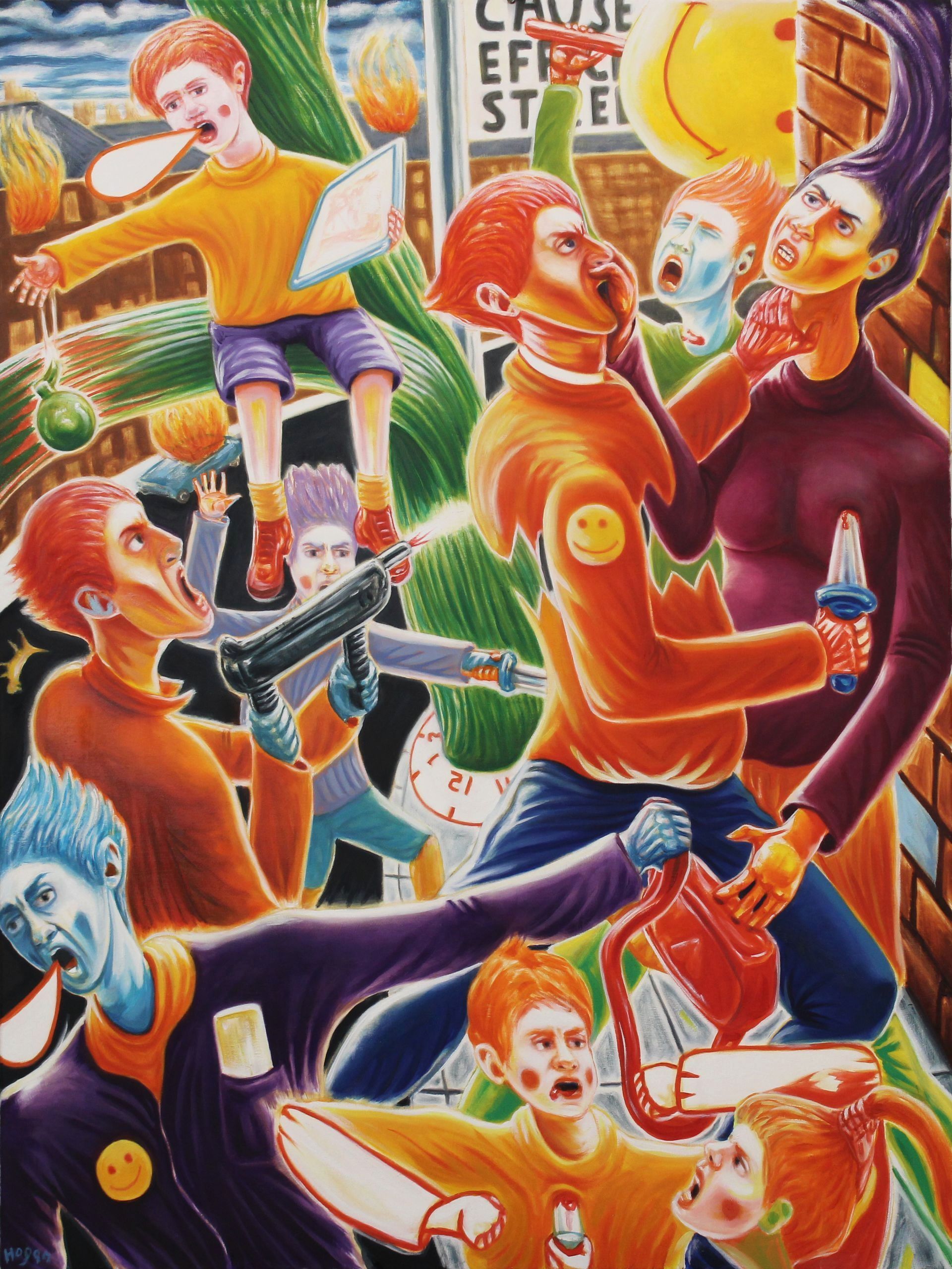 Chaotic, colorful scene: People fighting, screaming. Cartoon-like style, various colors and expressions, city setting.