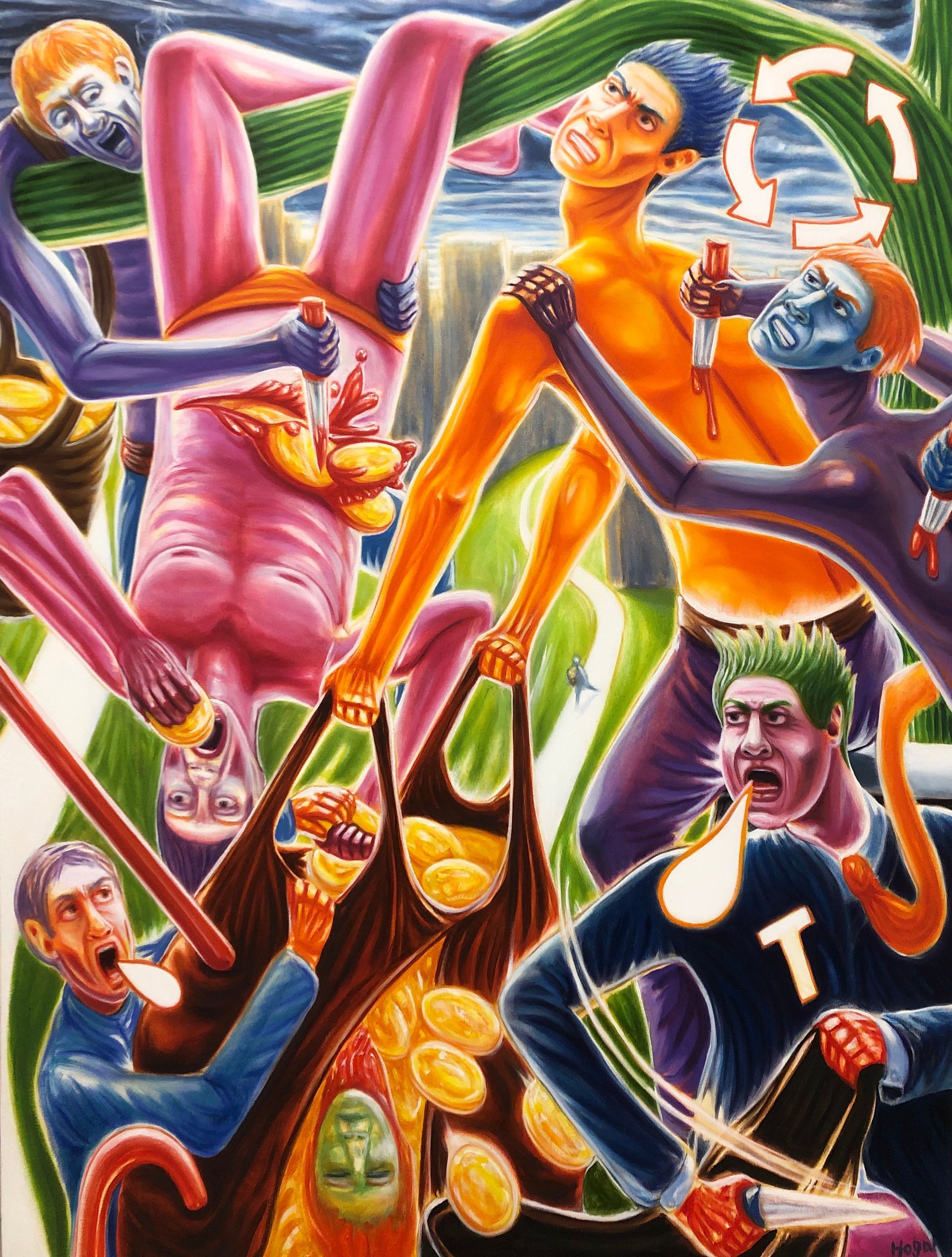 Surreal scene: figures in various colors, contorted, vomiting, and being pulled from a strange structure; cartoonish.