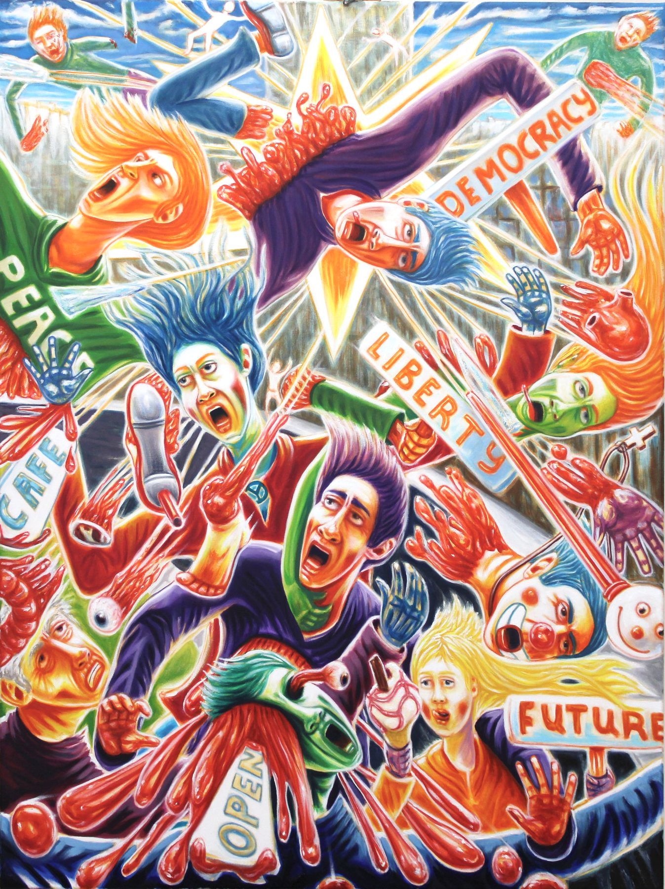 Chaotic scene of people, with signs for 