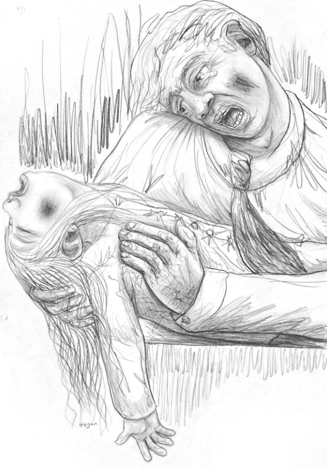 Man cradles a child, both distraught.  Man's face twisted in anguish; child's eyes closed, mouth open in a scream.