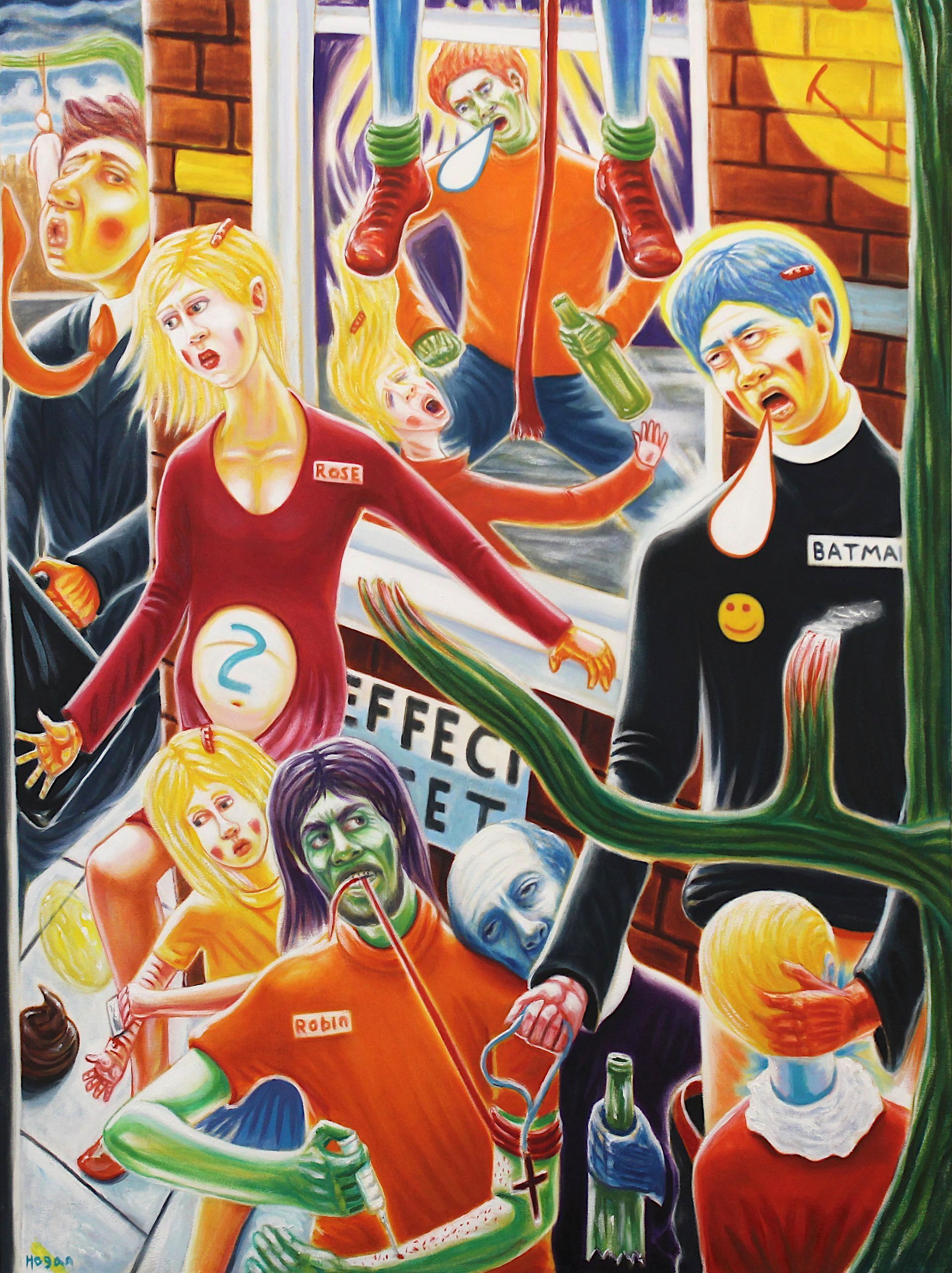 Zombie-like figures, some with labels, in a chaotic street scene. Includes a pregnant woman and hanging man.