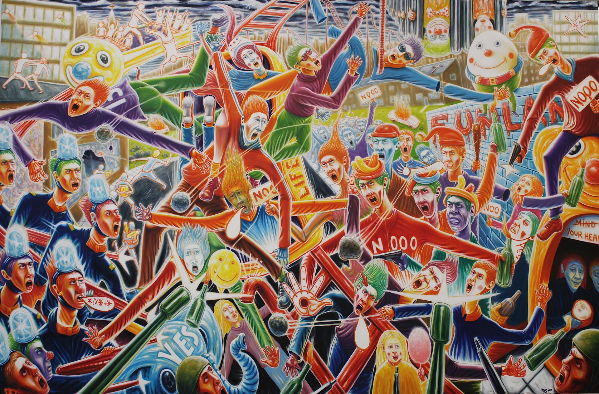 A chaotic, colorful painting of a crowded store scene with numerous figures in motion.