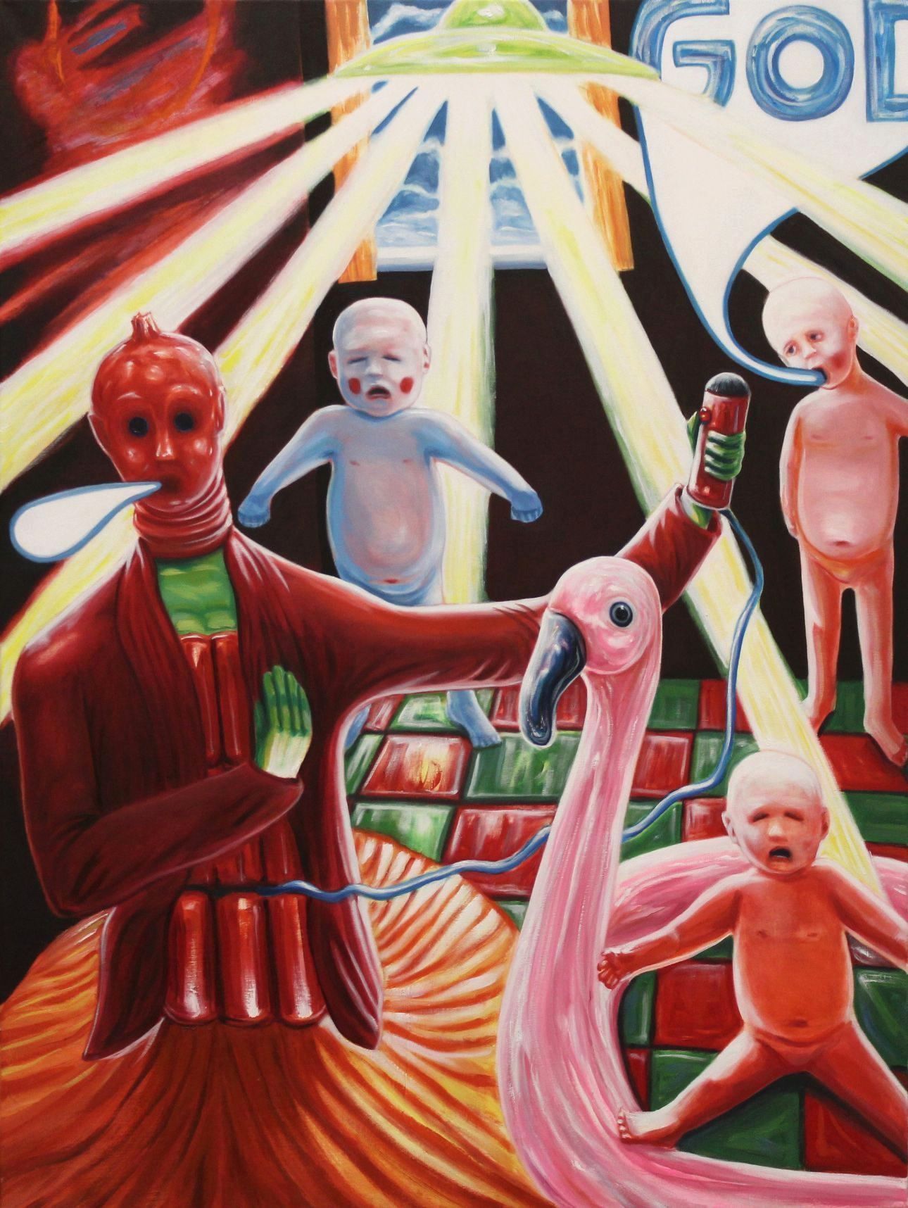 A red figure with a flamingo, babies, and a UFO, with 